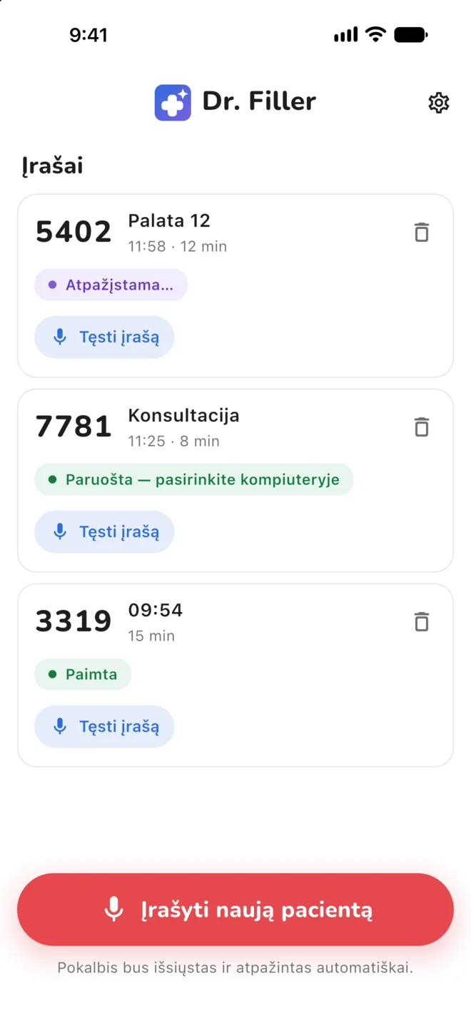Dr. Filler telefono programėlė su įrašų sąrašu