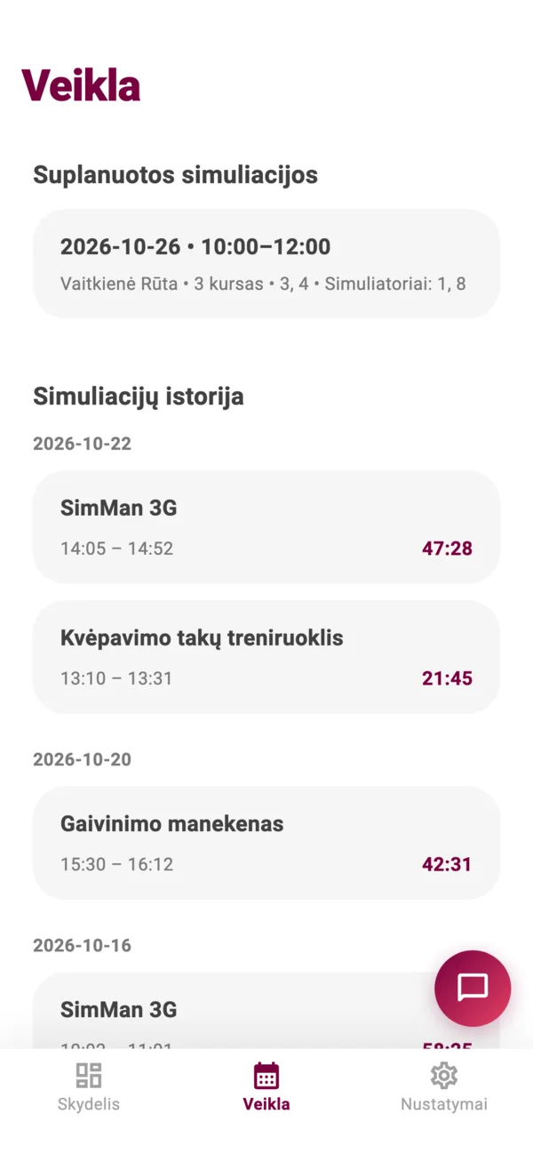 SimuFlow programėlė: suplanuotos simuliacijos ir treniruočių istorija