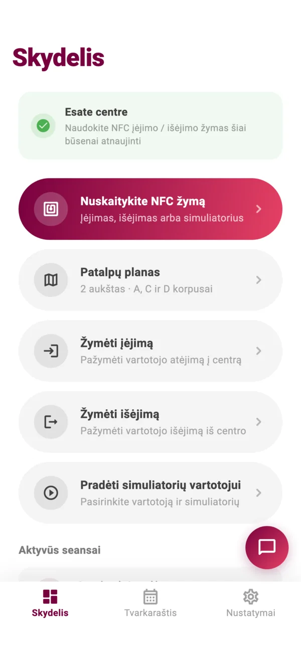 SimuFlow programėlės skydelis su NFC žymos nuskaitymo mygtuku
